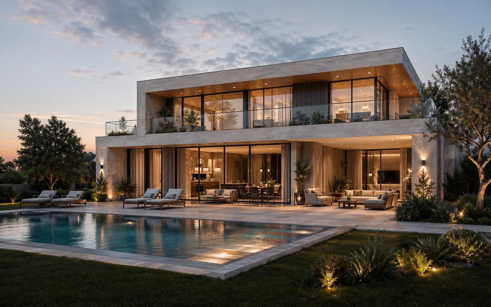 Contemporary luxury villa with a lit swimming pool at dusk